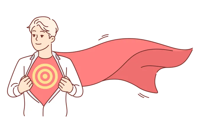 Business man with superhero cape unbuttons shirt and shows target symbolizing ambition  Illustration