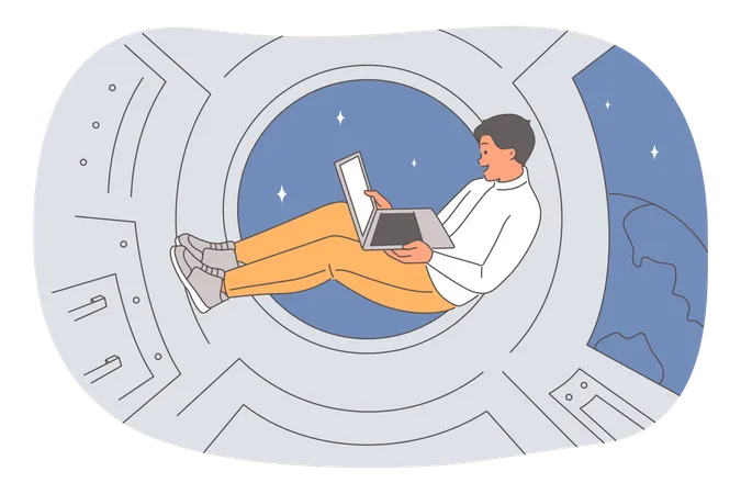 Business man works in spaceship using laptop during interplanetary flight across galaxy  Illustration