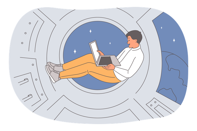 Business man works in spaceship using laptop during interplanetary flight across galaxy  Illustration