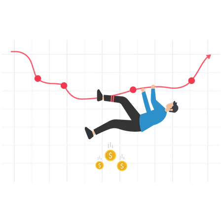 Business man wrapped his body tightly by red arrow that fall down from chart of stock market  Illustration