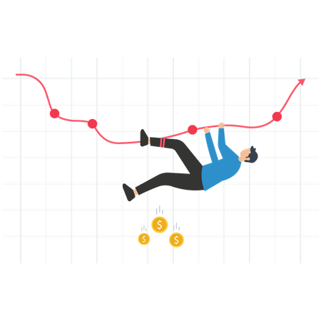 Business man wrapped his body tightly by red arrow that fall down from chart of stock market  Illustration