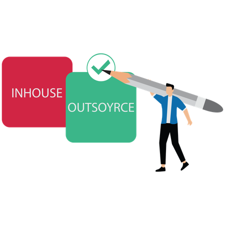 Business manager deciding between inhouse and outsourcing with check mark  Illustration