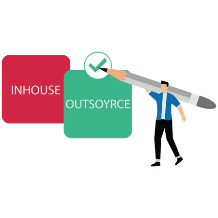 Business manager deciding between inhouse and outsourcing with check mark  Illustration