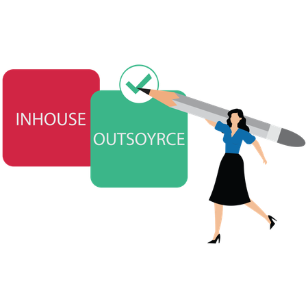 Business manager deciding between inhouse or outsourcing with check mark  Illustration