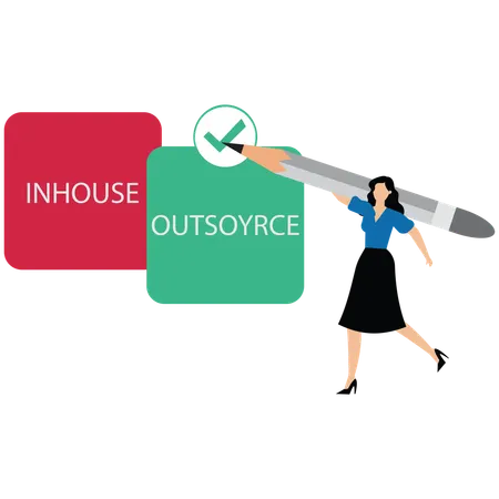 Business manager deciding between inhouse or outsourcing with check mark  Illustration