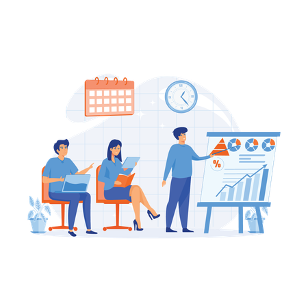 Business Manager explains project deadlines with analysis of market  Illustration