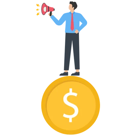 Business manager speaks loudly with gold coins on his feet and a megaphone  Illustration