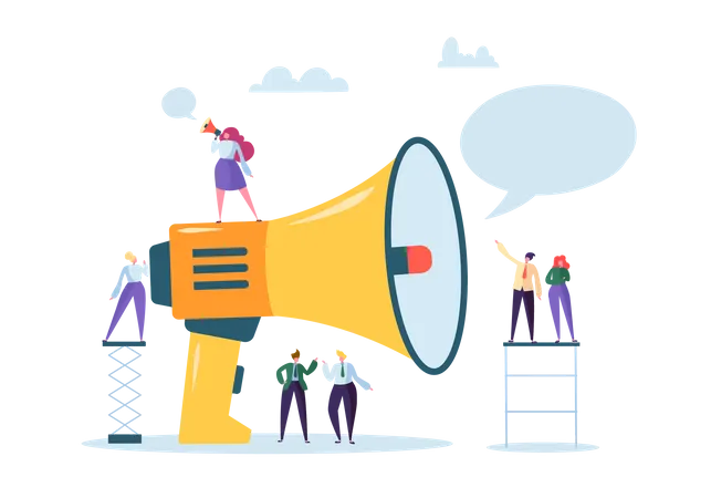 Business Advertising Promotion Loudspeaker Talking To The Crowd Big Megaphone And Flat People Characters Advertisement Marketing Concept Vector Illustration Illustration