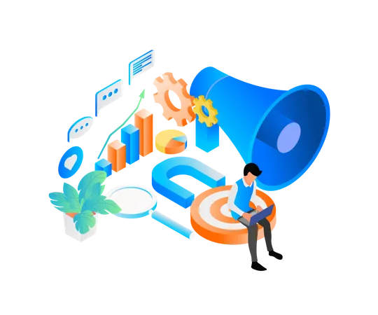 Isometric Style Illustration About Marketing Strategy With Funnel And Character Illustration