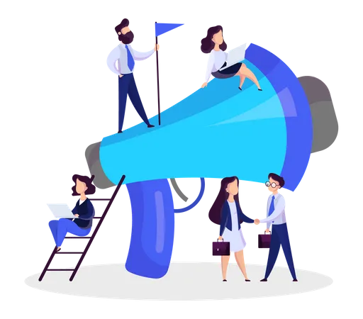 Little People Standing Around A Giant Megaphone Making Special Promotion With Loudspeaker Speaker Make Announcement Getting Customer Attention Vector Illustration In Cartoon Style Illustration