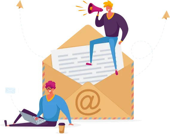 People Writing And E Mail Letter Concept Tiny Male Characters With Laptop And Loudspeaker Stand At Huge Envelope With Et Symbol And Paper Inside Electronic Mail Message Cartoon Vector Illustration Illustration