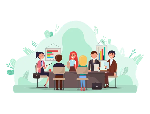Business Conference Vector People Sitting By Table Discussing Project Problems Workers Finding Solution Brainstorming Man And Woman With Charts Illustration