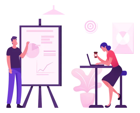 Business Meeting In Creative Office Project Presentation Male Character Point On Financial Data Analysis Graphs On Flip Board To Business Colleague Sitting At Desk Cartoon Flat Vector Illustration Illustration