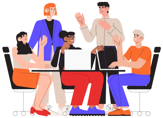 Teamwork In Office On Business Meeting Or Seminar Corporate Team Or Group Of People Working On Laptop Or Computer On Table Employees Or Coworkers Discuss A New Project Generate Ideas Talk Illustration