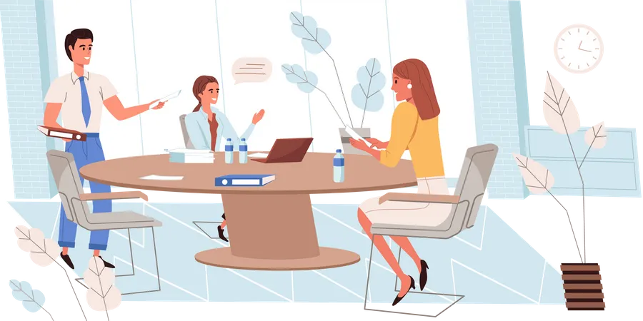 Business Meeting People Concept In Modern Flat Design Employees Team Sitting At Table Brainstorming And Discuss Tasks Colleagues Work In Office Person Scene Vector Illustration For Web Banner Illustration