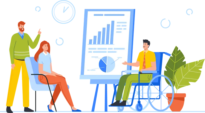 Conference Room Meeting Presentation Or Seminar With Business Characters Learn Financial Data Charts Together With Disabled Man Training Of Employees Team Cartoon People Vector Illustration Illustration