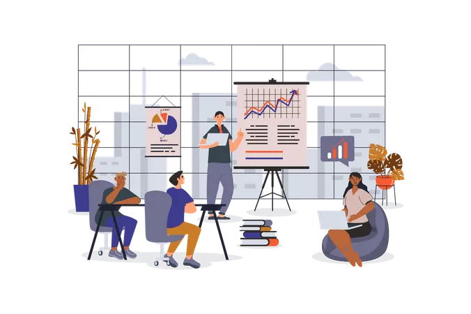 Business Meeting Concept With Character Scene For Web Women And Men Working In Team At Office Discussing Presentation People Situation In Flat Design Vector Illustration For Marketing Material イラスト
