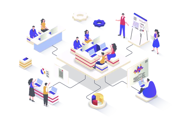 Business Meeting Concept In 3 D Isometric Design Colleagues Work Together At Desk Discuss Work Tasks Make Presentation Collaborate Vector Illustration With Isometry People Scene For Web Graphic Illustration
