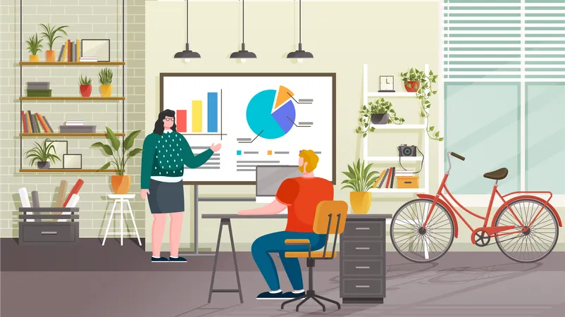 Business Meeting In Office People On Presentation Conference At Home Businessman At Project Strategy Infographic Team Seminar Manager Presents Financial Report Of Company Interior With Bike Illustration