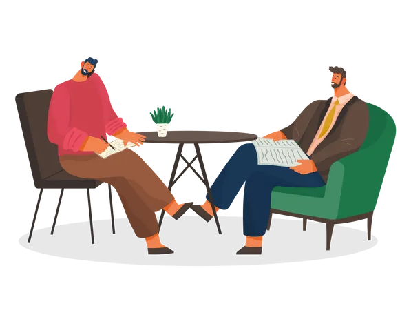 Business Partners Sitting By Table In Cafe Man Talking On Phone And Writing Down Notes Character Reading Newspaper Waiting For Order In Coffee House Friends In Diner With Decoration On Desk Vector Illustration