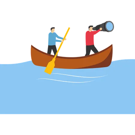 Business men sailing on boat looking for opportunity  Illustration