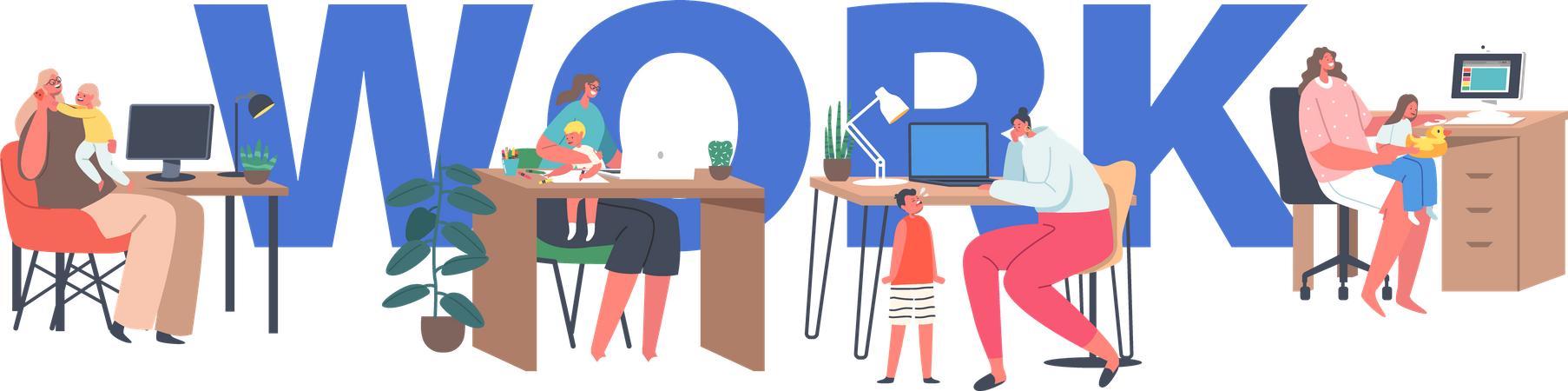 Business moms working from home while managing housework  イラスト