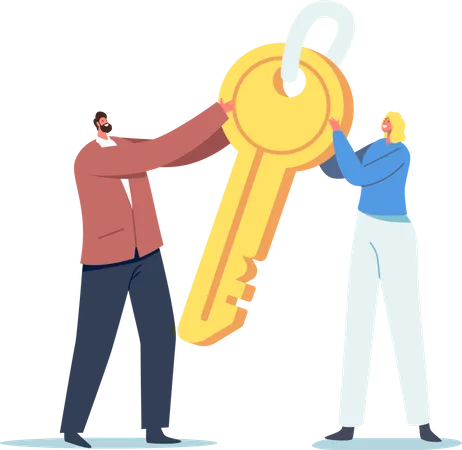 Tiny Male And Female Characters Holding Huge Golden Key Business Motivation Complicated Task Solution Safety Or Opportunity Secret And Creativity Concept Cartoon People Vector Illustration Illustration