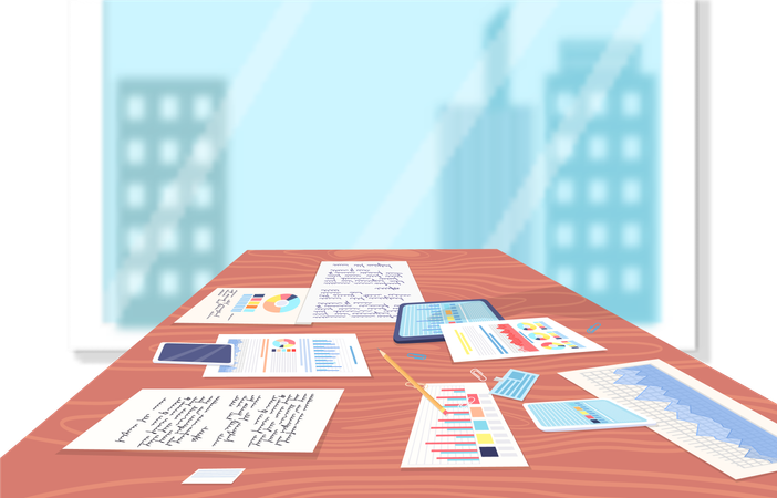 Business notes and graphs on table  Illustration