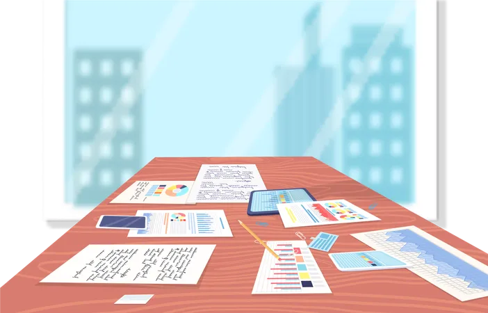 Business notes and graphs on table  Illustration