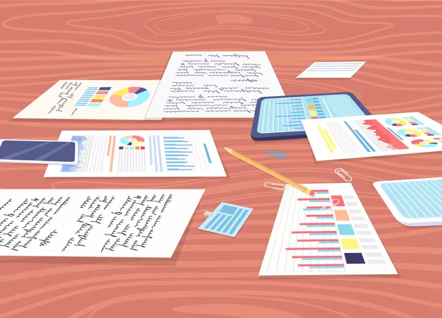 Business notes and graphs on table  Illustration