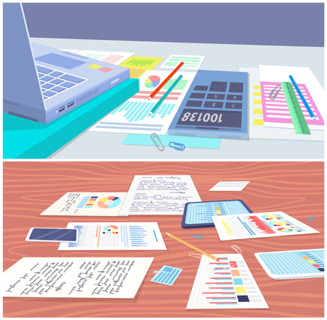 Business notes and graphs on table  Illustration