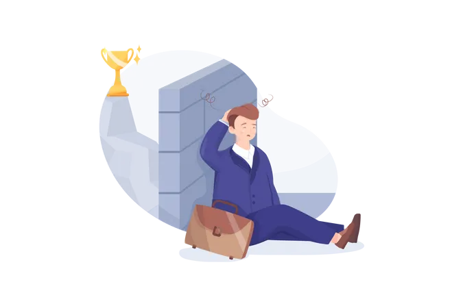 Businessman Sit On Ground With Dizzy Head Front Of High Brick Wall Face Difficulty On Way To Goal Achievement Illustration