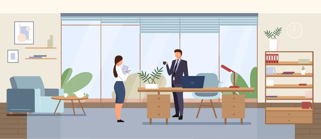 Business Office Flat Color Vector Illustration Corporate Manager Company CEO Cabinet 2 D Cartoon Interior Design With Characters On Background Businessman With Secretary Personal Assistant Illustration