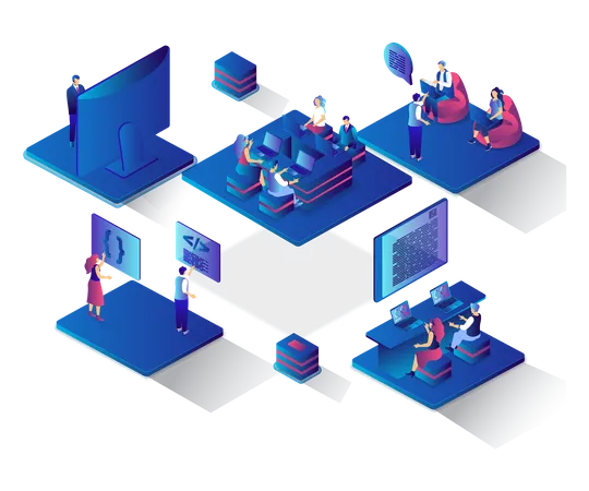 Open Space Office Concept 3 D Isometric Web Landing Page People Work In Coworking Place Together Perform And Discuss Tasks Collaborate And Brainstorm Vector Illustration For Web Template Design Illustration