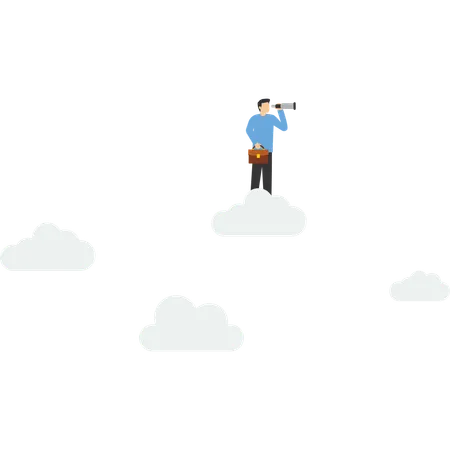 Business Opportunity Smart Businessman Riding High Cloud Holding Telescope Or Binocular To Search For Business Visionary Illustration