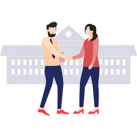 A Boy And A Girl Meet Outside A Building Illustration
