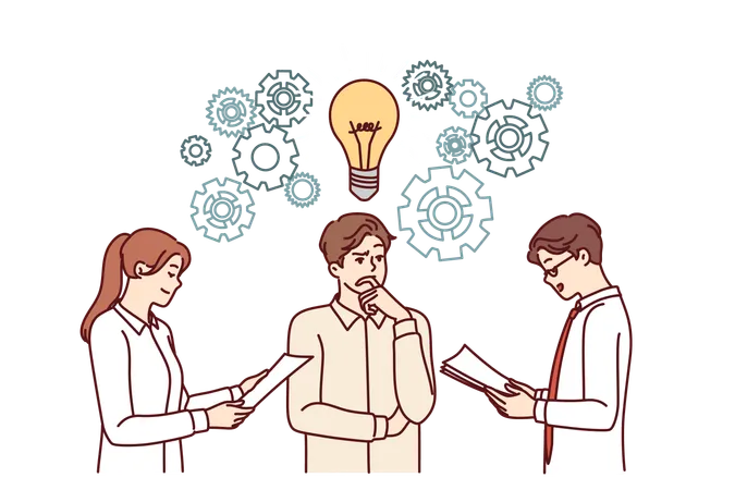 Business Partners Are Brainstorming Discussing New Ideas For Development Of Company Standing With Large Light Bulb Over Heads Boss Listens To Ideas Of Subordinates To Improve Startup Workflows Illustration