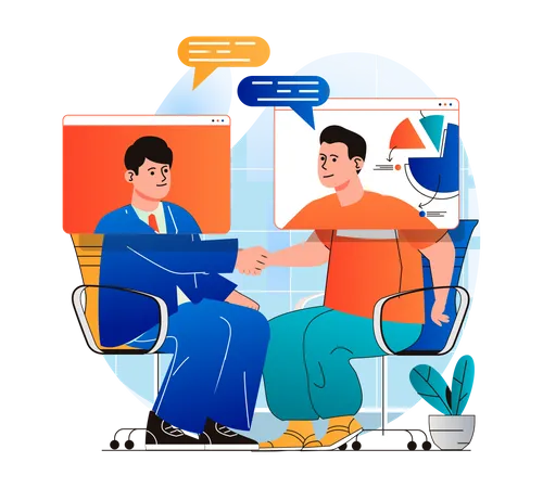 Video Conference Concept In Modern Flat Design Men Communicate Remotely Using Video Call At Screens Employees Discussing Tasks And Virtually Shaking Hands At Online Meeting Vector Illustration Illustration