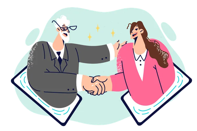 Handshakes Of Business Partners Leaning Out Of Tablet Computers After Making Successful Asset Transaction Man And Woman Became Partners Thanks To Use Of Digital Technologies To Find Counterparties Illustration