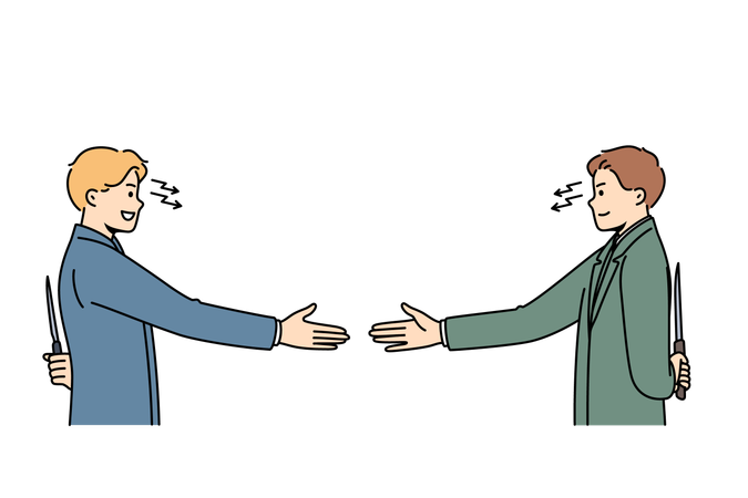 Business partners shake hands and show hypocrisy by holding knives behind backs  Illustration