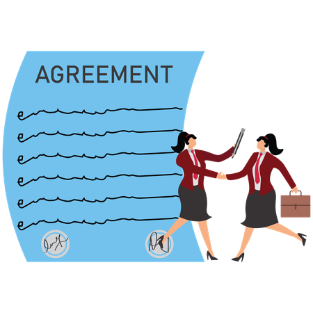Business partners shaking hands after signing business agreement documents  Illustration