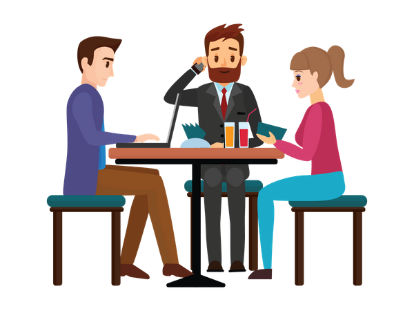 Business partners sitting in cafe at table eating and drinking have dinner  Illustration
