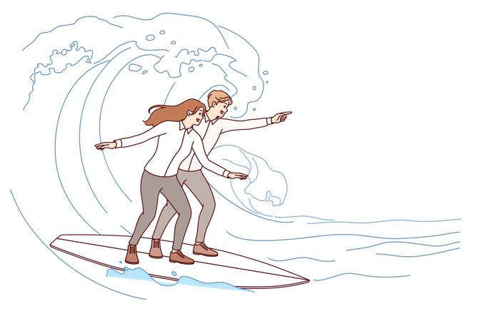 Business partners take risks to achieve success by riding surfboards on sea waves  Illustration