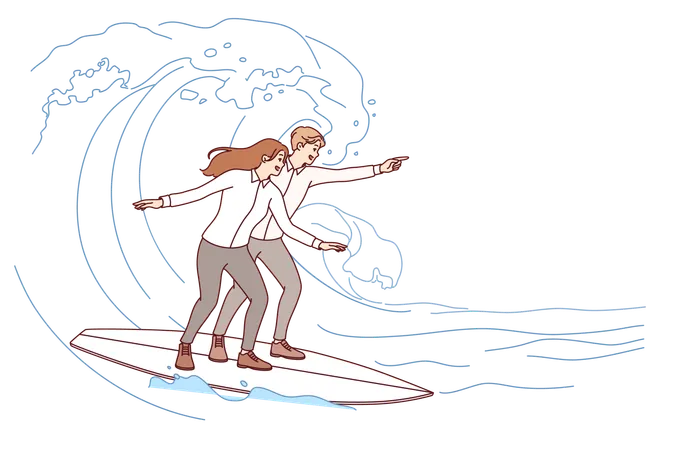 Business partners take risks to achieve success by riding surfboards on sea waves  Illustration