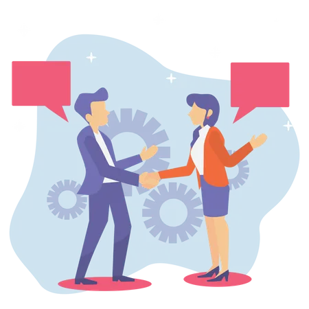 Abstract Business People Standing Shake Hand With Speech Bubble Gear Similitude Agreement To Join Setup Together Business Concept Flat Vector Illustration Illustration