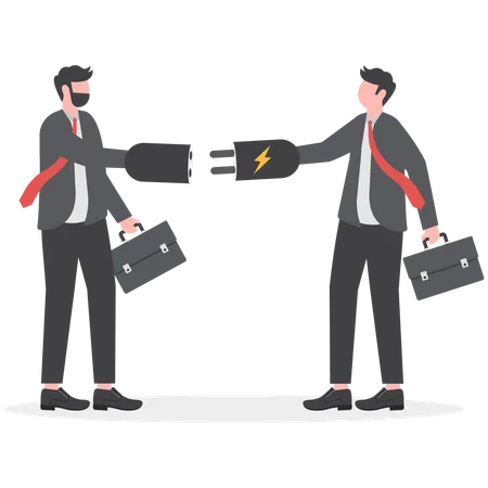Business Partnership Teamwork Collaboration Or Work Meeting And Discussion To Get A Solution Concept Smart Businessman And Businesswoman Office People Electric Plug To Connecting Business イラスト