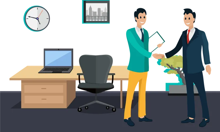 Men Workers Shaking Hands Workers Collaboration In Office Workplace Decorated By Laptop On Table And Clock Time Is Money Financial Corporate Vector Illustration In Flat Cartoon Style Illustration
