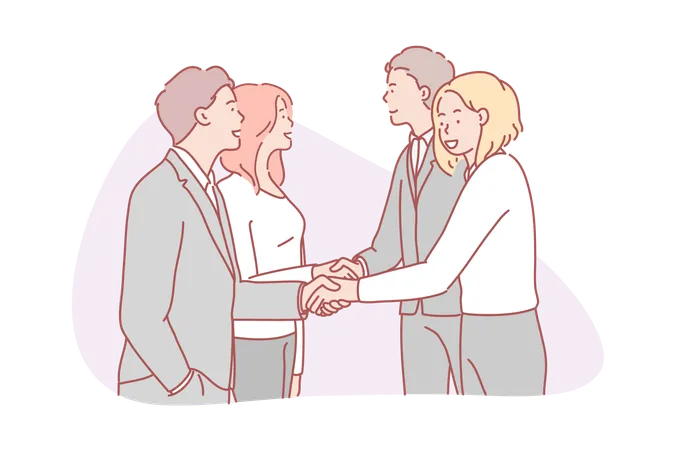 Business Partnership Collaboration Team Agreement Concept Businessmen And Women Partners Collaborate With Each Other Two Business Teams Came To Agreement At Negotiations Shake Each Others Hands Illustration