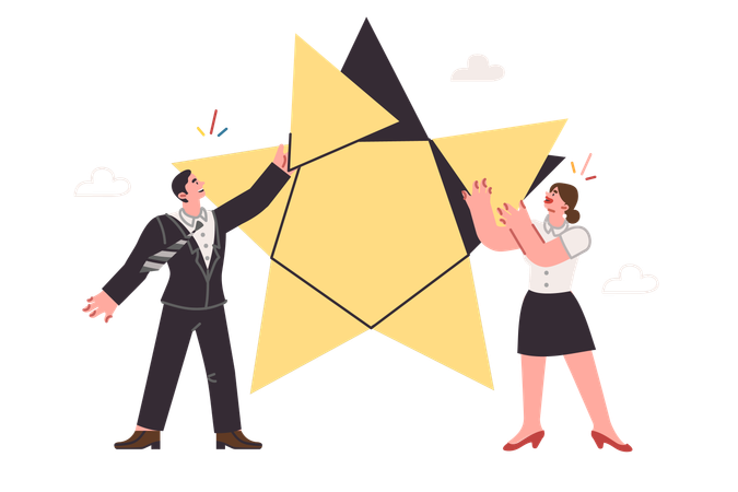 Business partnership of man and woman together building star symbolizing successful startup  Illustration