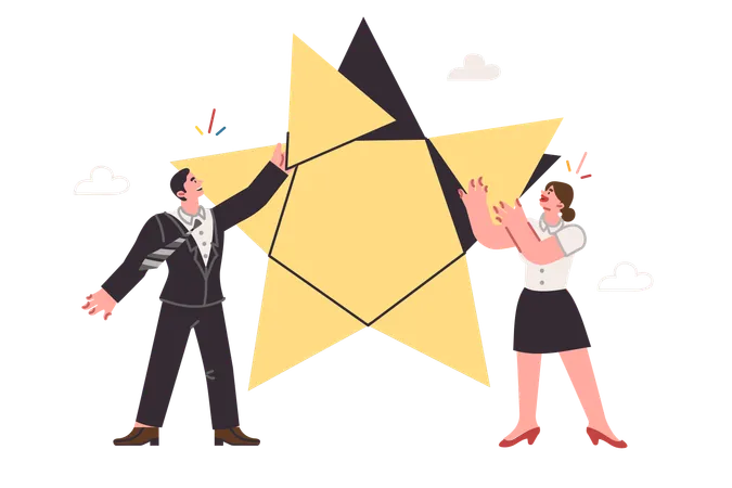 Business partnership of man and woman together building star symbolizing successful startup  Illustration